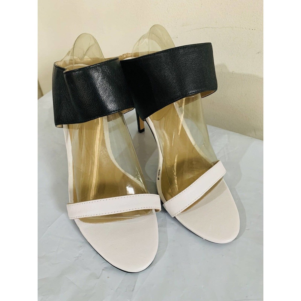 Lands' End Black/White 4 Inch High Heel Slide On Sandal Wide Ankle Band Size 10M